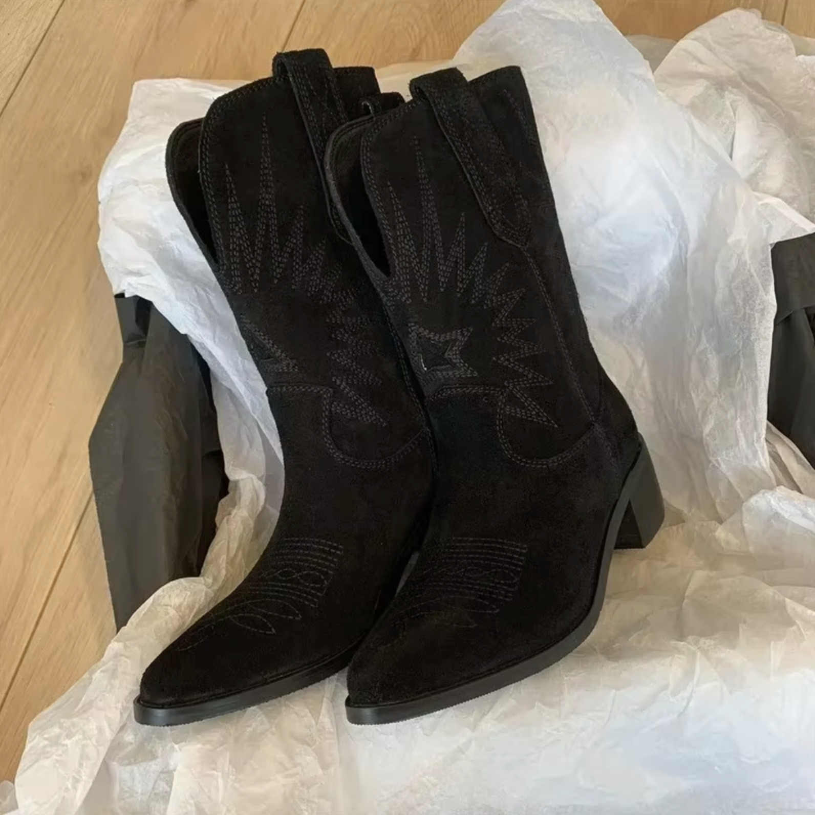 Supportive Women’s Cowboy Boots - Mid Calf, Suede, Everyday Black - Tophatter Daily Deals
