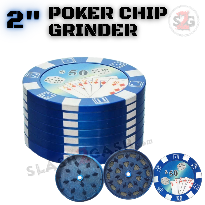 2" Casino Poker Chips Tobacco Herb Grinder - 3 pieces METAL Blue - $50 Smoking Accessories - Tophatter Daily Deals