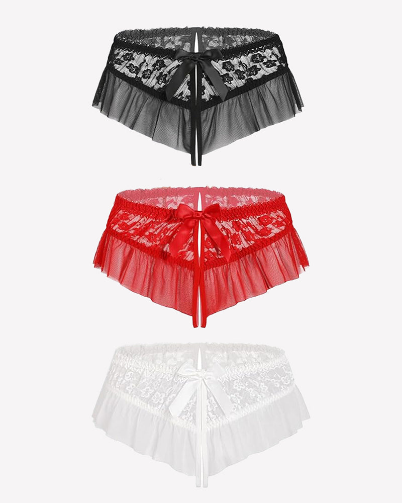 Floral Lace Briefs with Cute Bow Red+Black+White Lingeries-panties - Tophatter Daily Deals