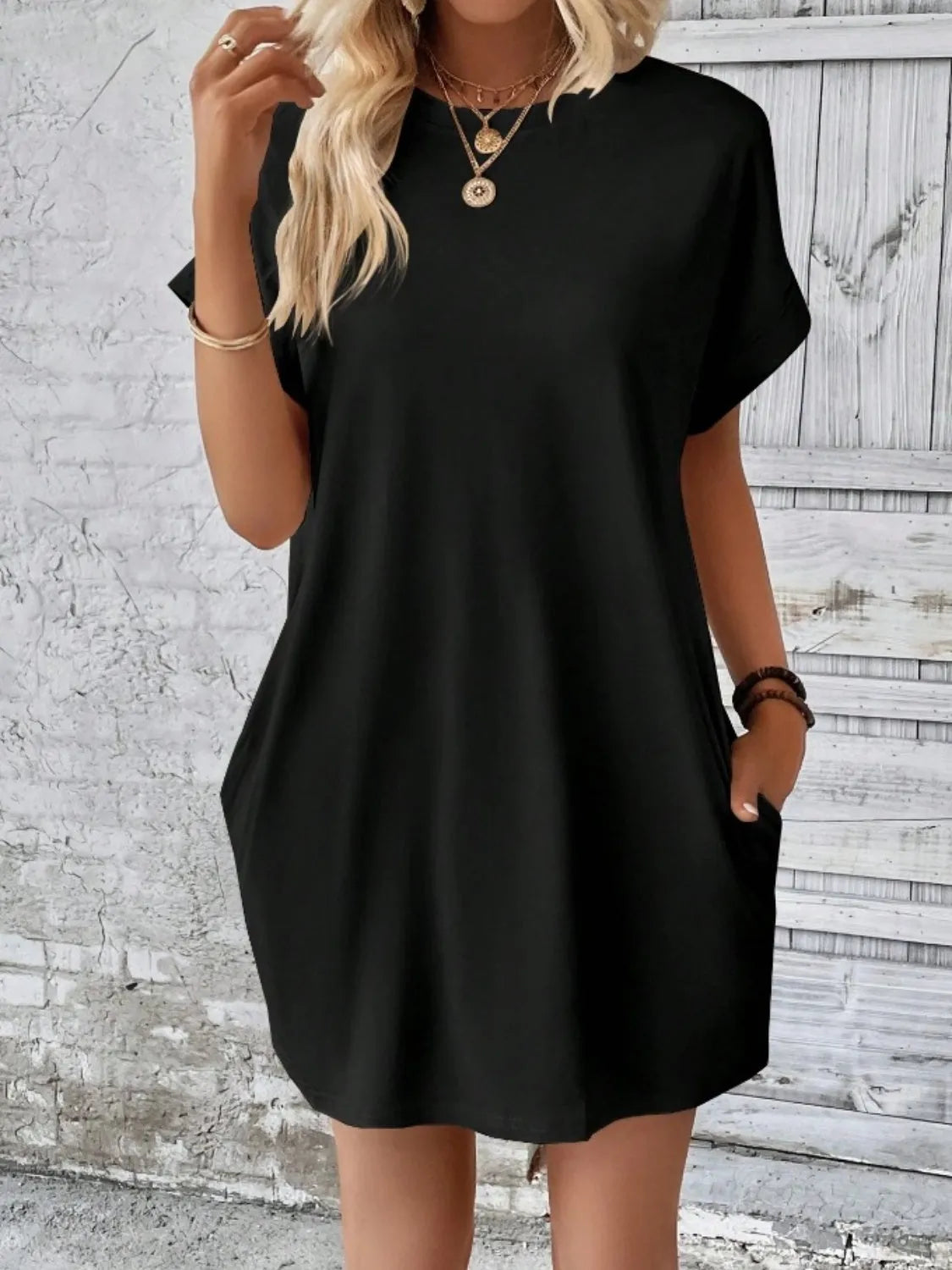 Pocketed Round Neck Short Sleeve Dress Black Casual Dresses - Tophatter Daily Deals