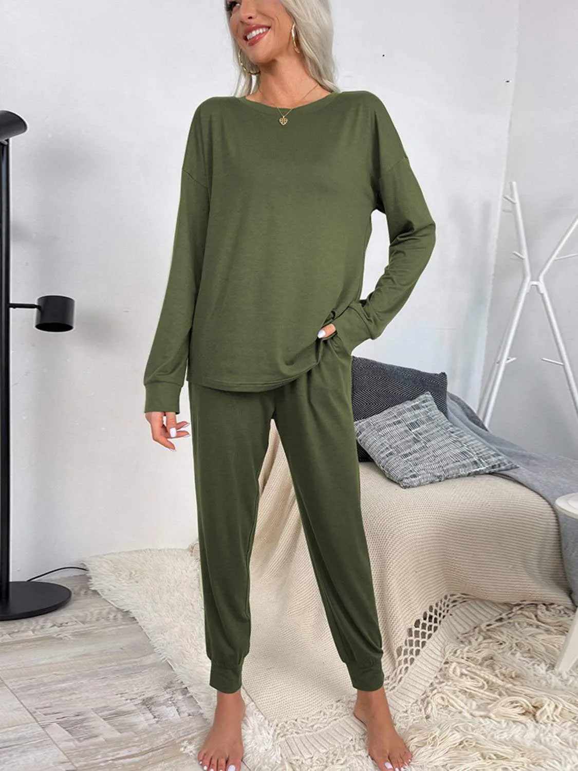 Round Neck Top and Drawstring Pants Lounge Set Loungewear Sets - Tophatter Daily Deals