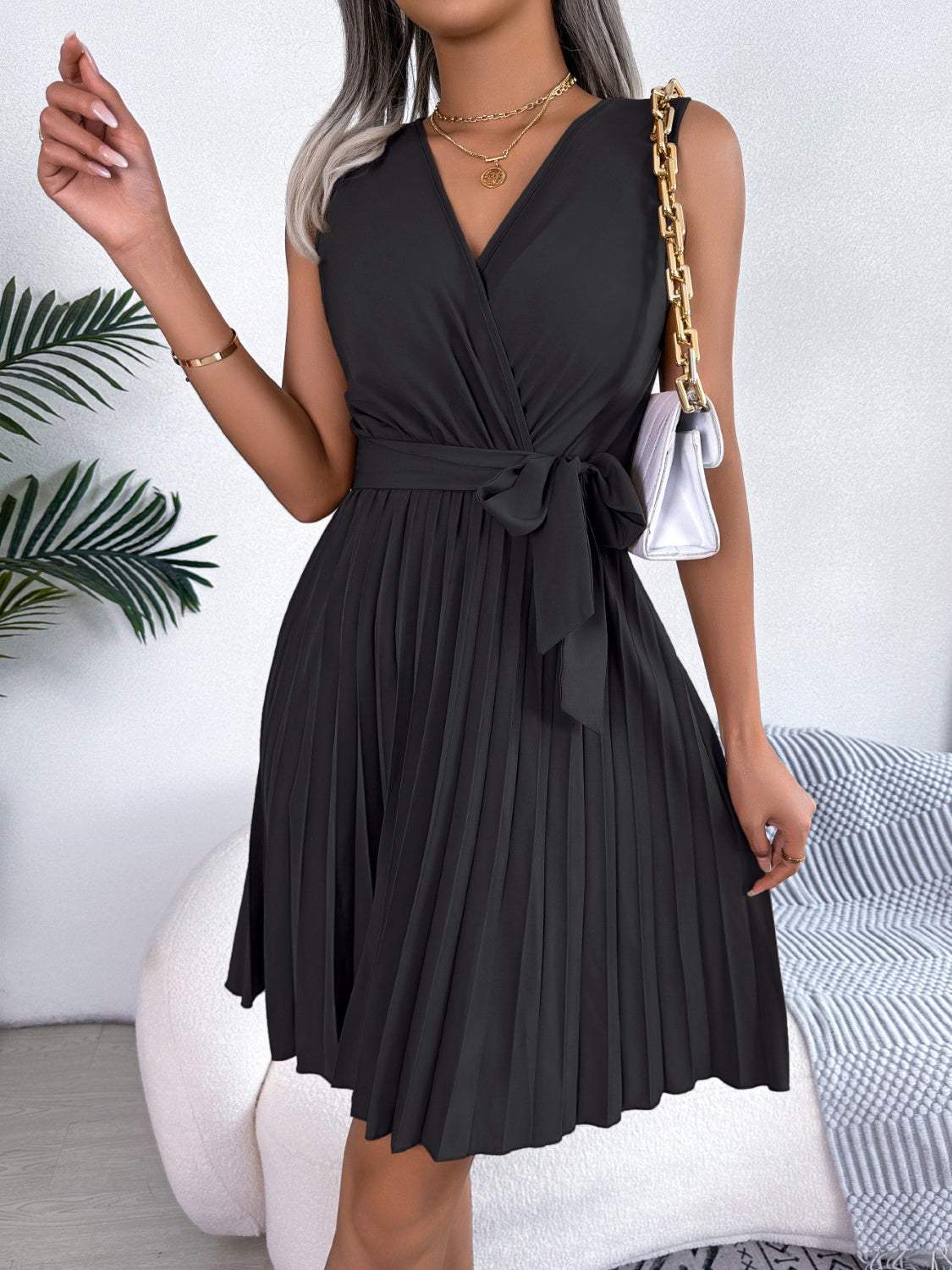 Tied Surplice Sleeveless Pleated Dress Casual Dresses - Tophatter Daily Deals