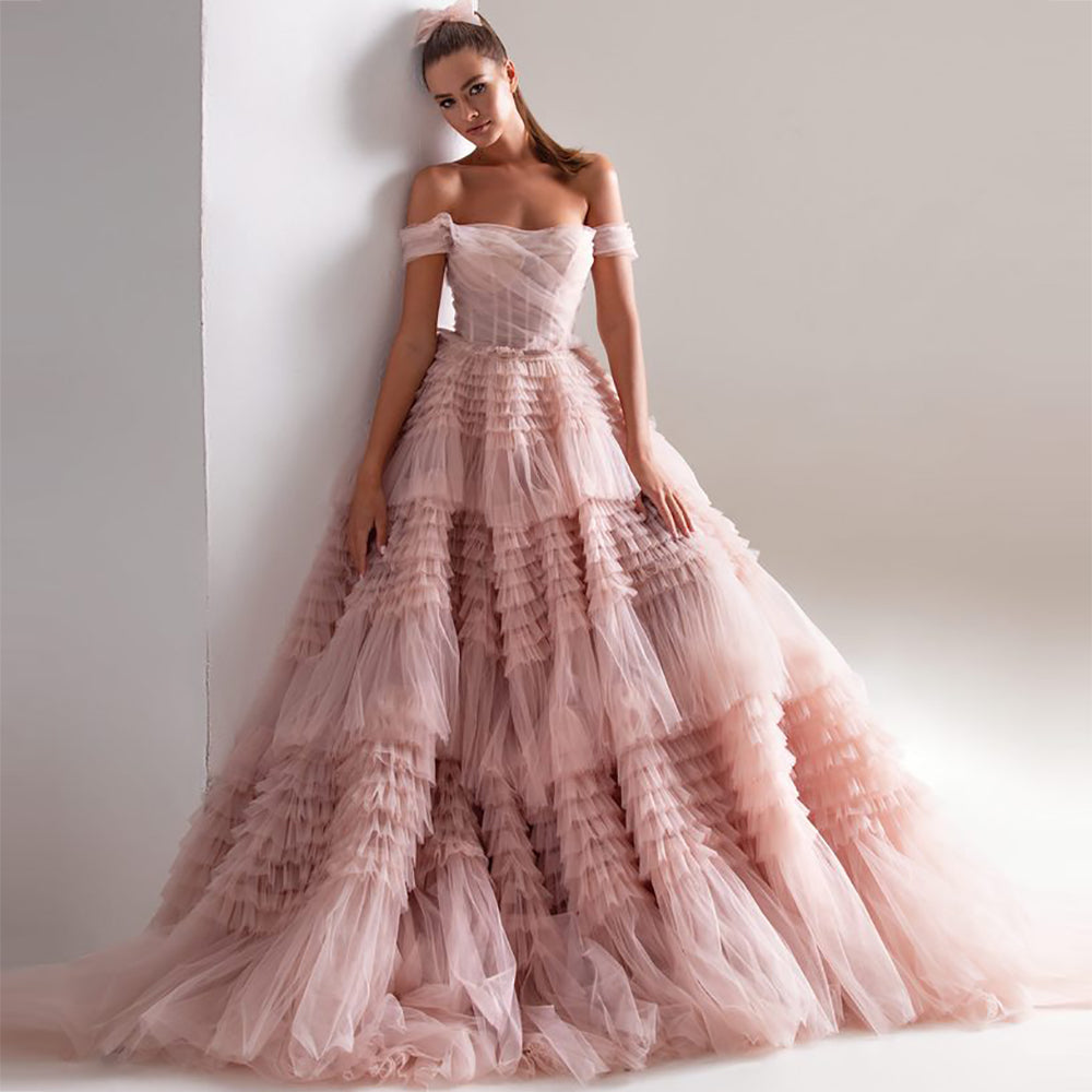 Bridal Wedding One Line Neck Lacquer Mesh Dress Lotus root 0 - Tophatter Daily Deals
