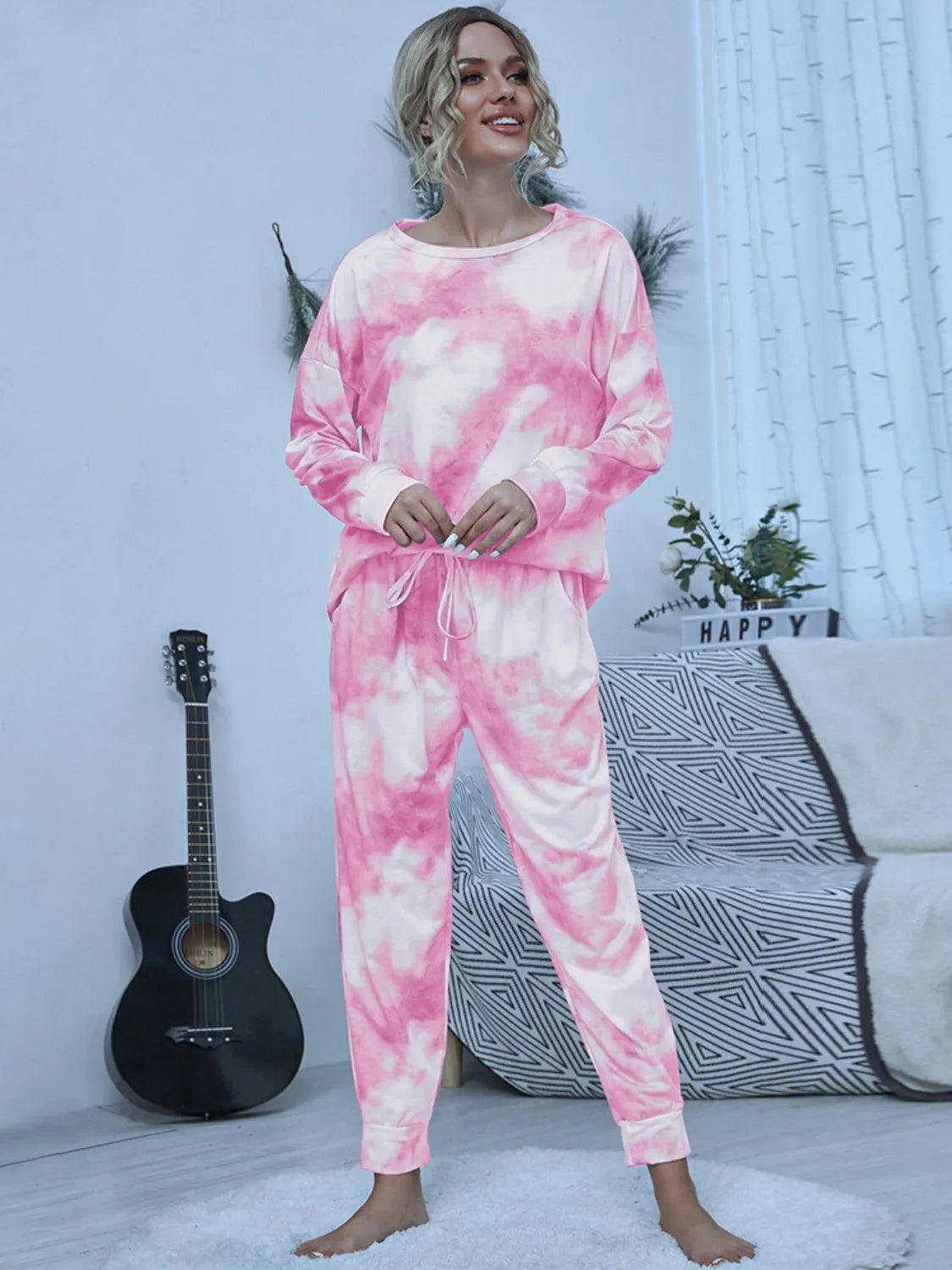 Tie-Dye Round Neck Top and Pants Lounge Set Blush Pink Loungewear Sets - Tophatter Daily Deals