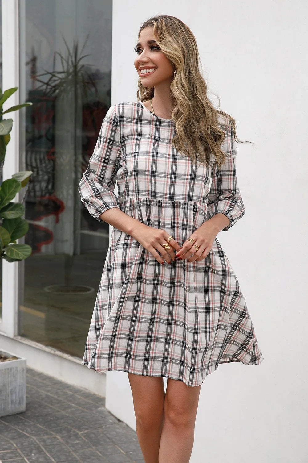 Ivy Lane Plaid Round Neck Mini Dress Casual Dresses - Tophatter Daily Deals