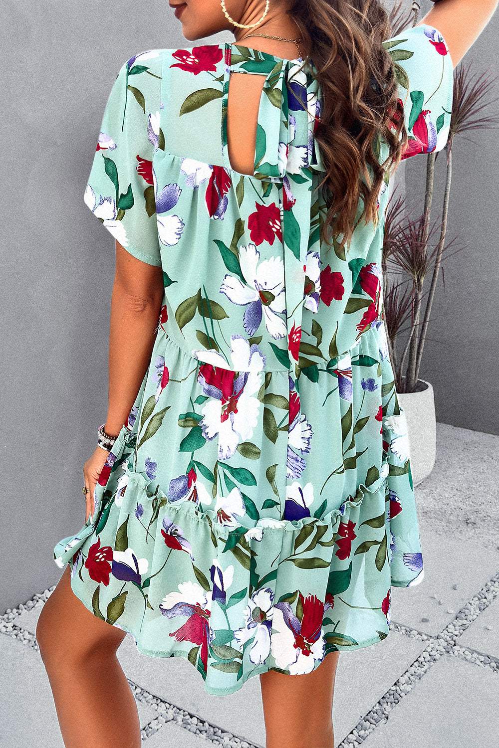 Printed Tiered Round Neck Mini Dress Casual Dresses - Tophatter Daily Deals