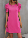 Round Neck Puff Sleeve Mini Dress Deep Rose Casual Dresses - Tophatter Daily Deals