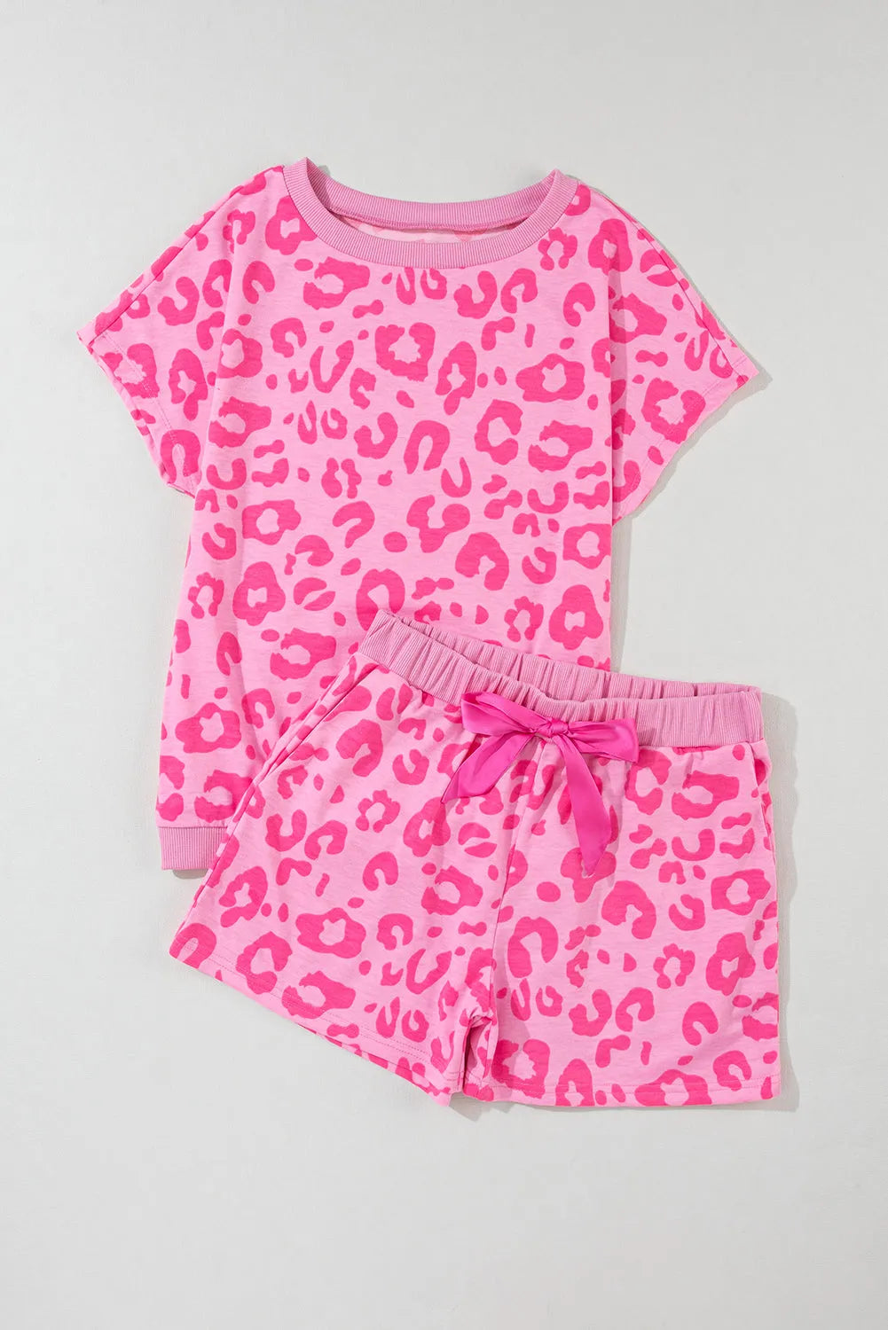 Pink Leopard Print Tee and Satin Tie Shorts Lounge Set Loungewear & Sleepwear/Loungewear - Tophatter Daily Deals
