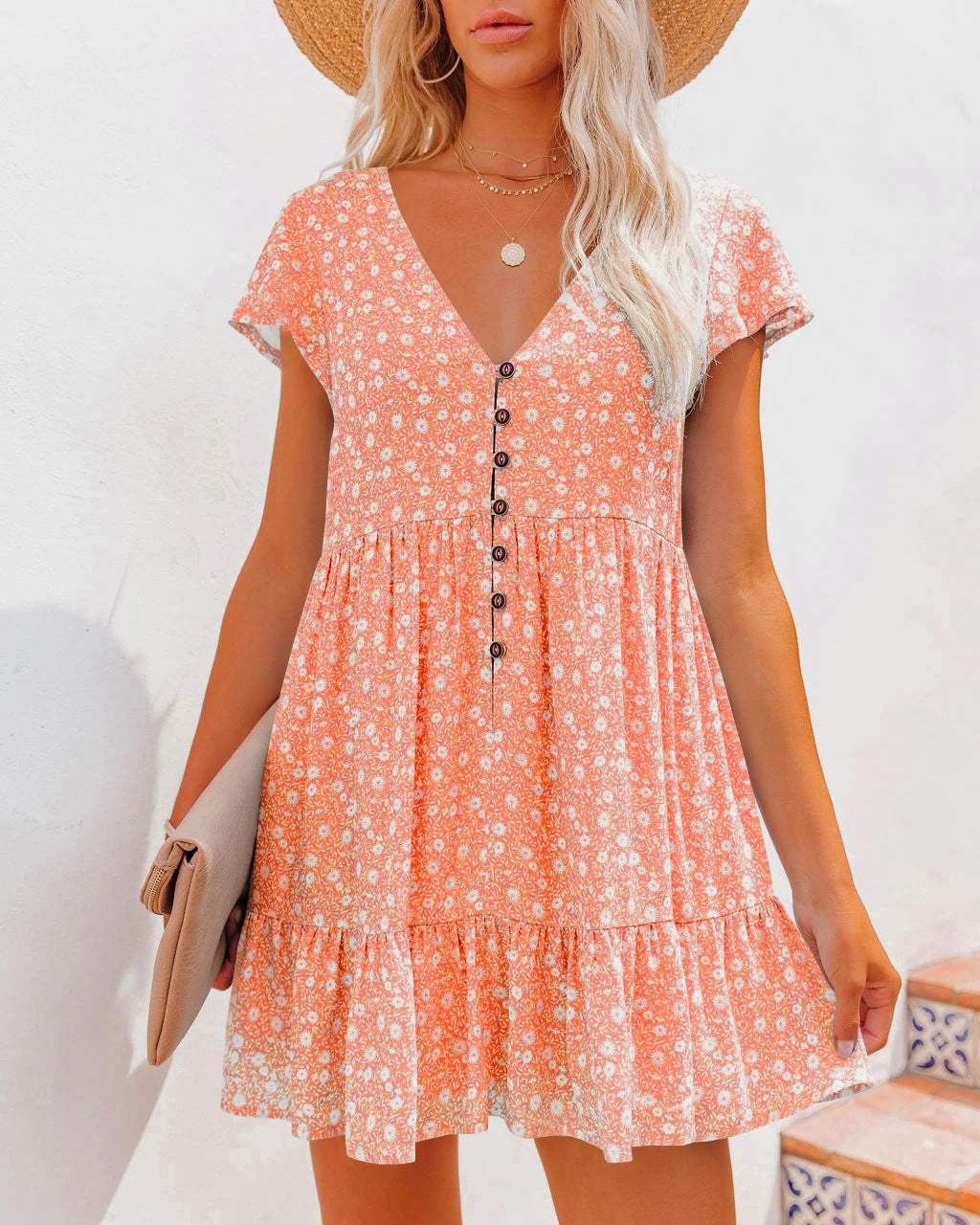 Printed V-Neck Buttoned Short Sleeve Mini Dress Peach Casual Dresses - Tophatter Daily Deals