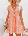 Printed V-Neck Buttoned Short Sleeve Mini Dress Peach Casual Dresses - Tophatter Daily Deals