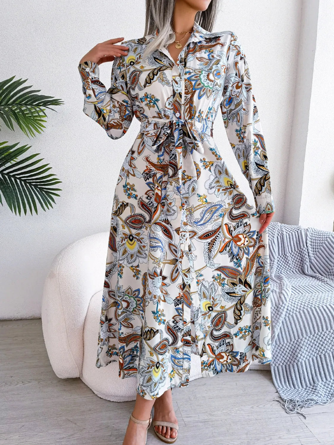 Tied Printed Long Sleeve Midi Dress White Casual Dresses - Tophatter Daily Deals