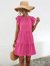 Ruffled Round Neck Cap Sleeve Mini Dress Deep Rose Casual Dresses - Tophatter Daily Deals