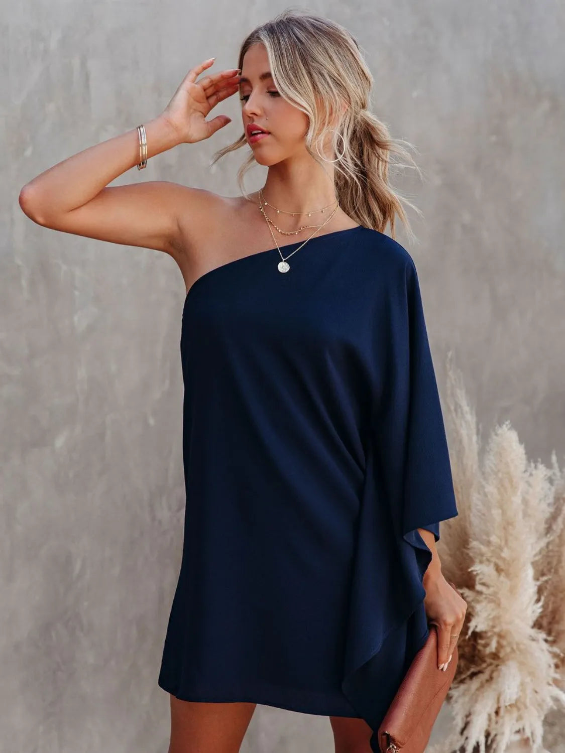 Single Shoulder Kimono Sleeve Mini Dress Navy Casual Dresses - Tophatter Daily Deals