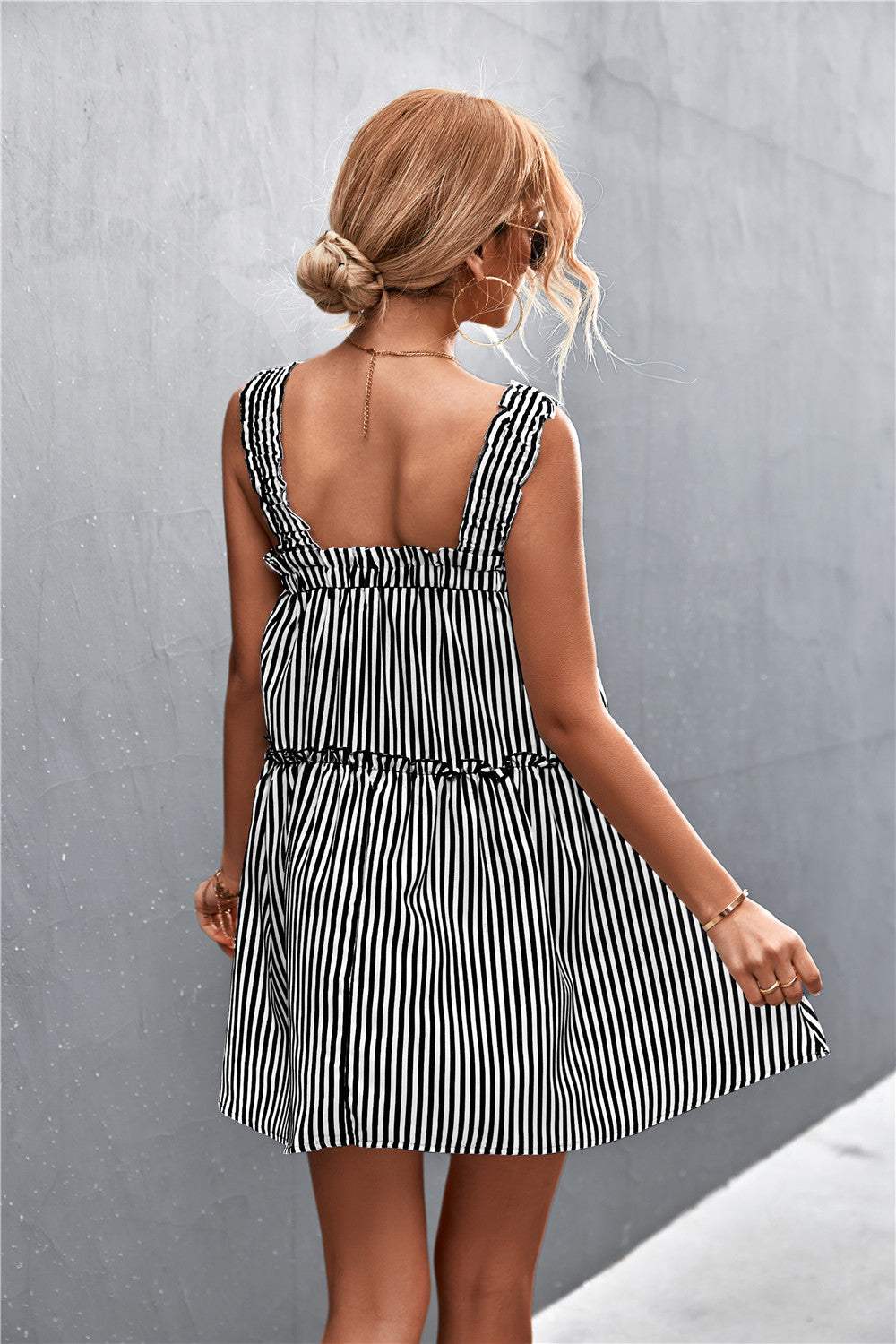 Striped Frill Trim Square Neck Dress Casual Dresses - Tophatter Daily Deals