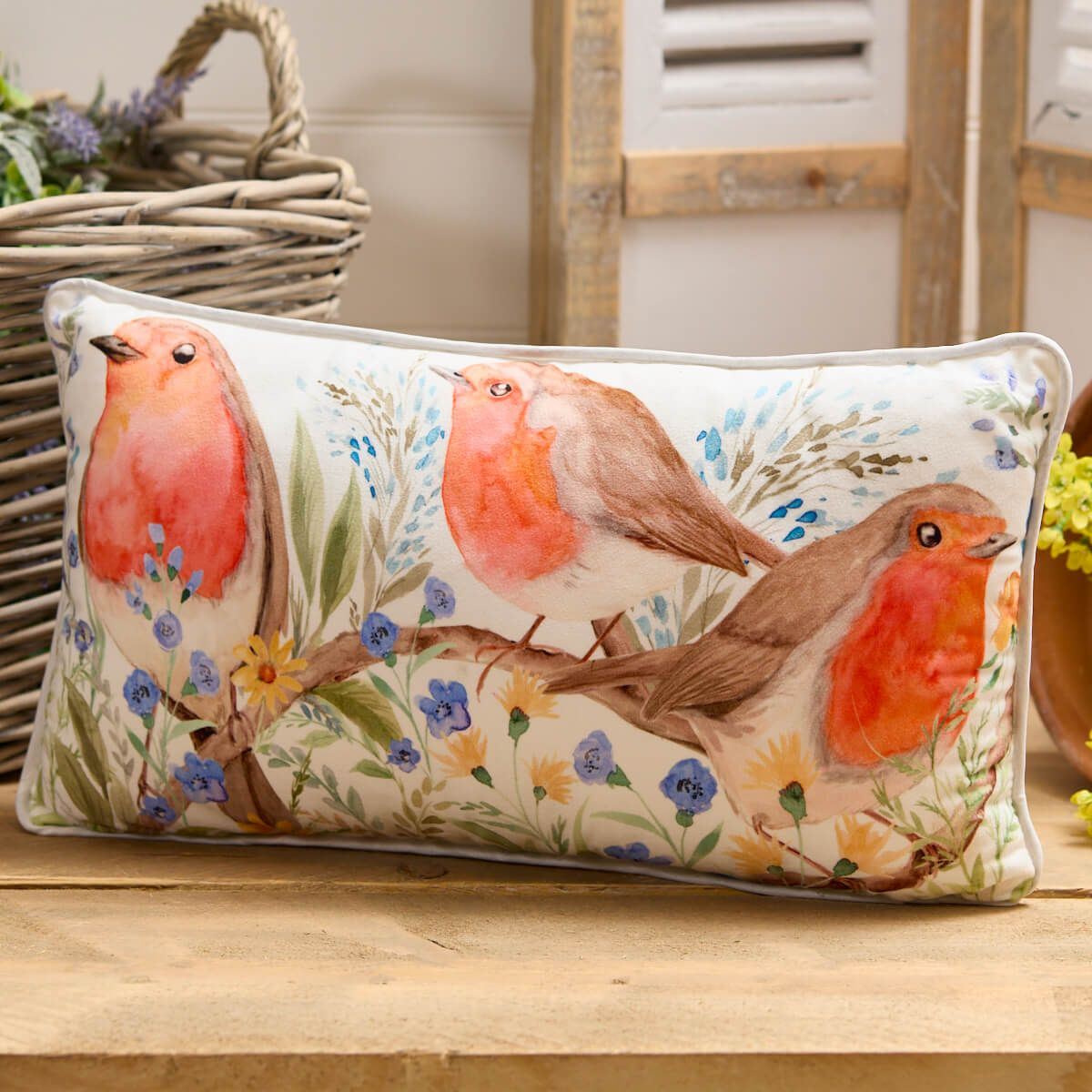 Robin Forget Me Not Cushion | Soft Velour Scatter Pillow with Watercolour Bird Cushion - Tophatter Daily Deals