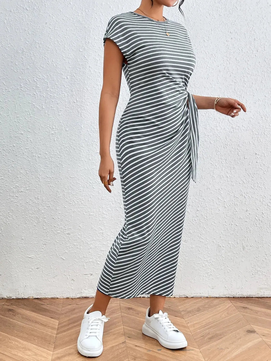 Tied Striped Round Neck Short Sleeve Tee Dress Casual Dresses - Tophatter Daily Deals