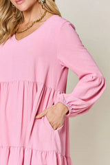 Double Take Full Size V-Neck Balloon Sleeve Tiered Dress Casual Dresses - Tophatter Daily Deals