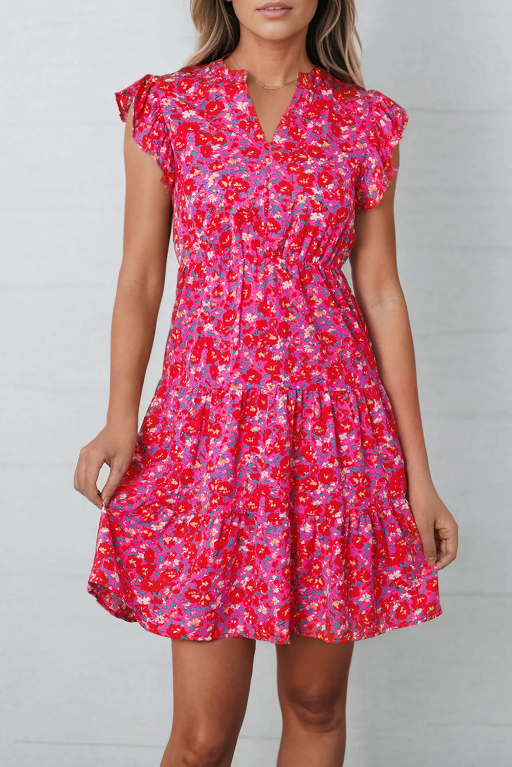 Floral Print Notched Neck Cap Sleeve Mini Dress Deep Rose Casual Dresses - Tophatter Daily Deals