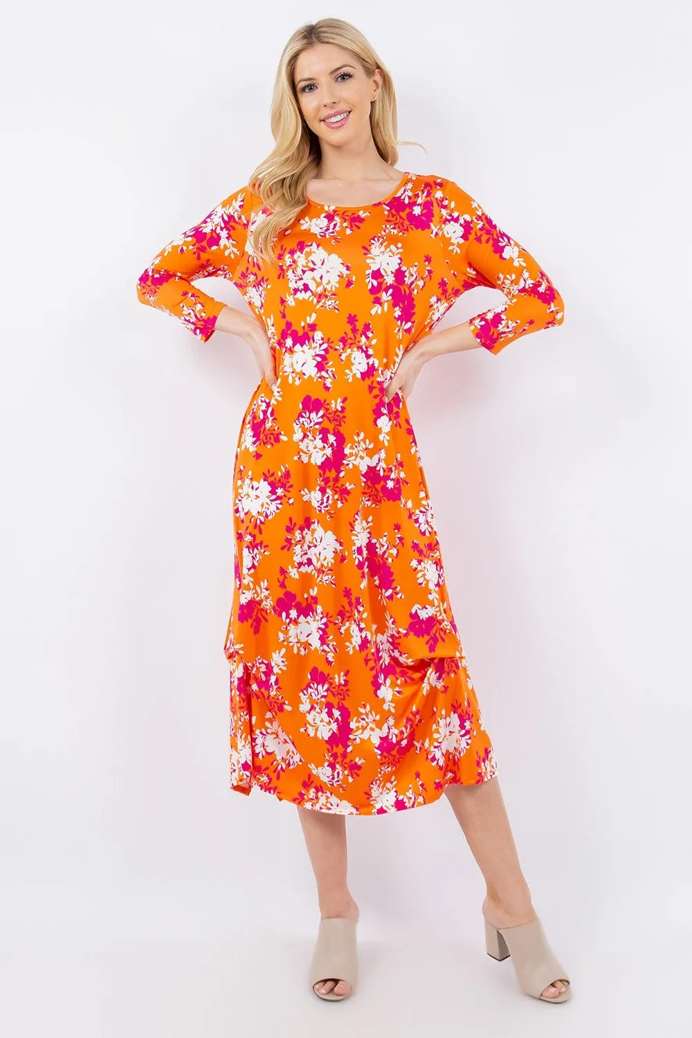 Celeste Full Size Pick-Up Hem Asymmetric Floral Midi Dress Casual Dresses - Tophatter Daily Deals