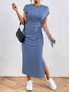 Tied Striped Round Neck Short Sleeve Tee Dress Dusty Blue Casual Dresses - Tophatter Daily Deals