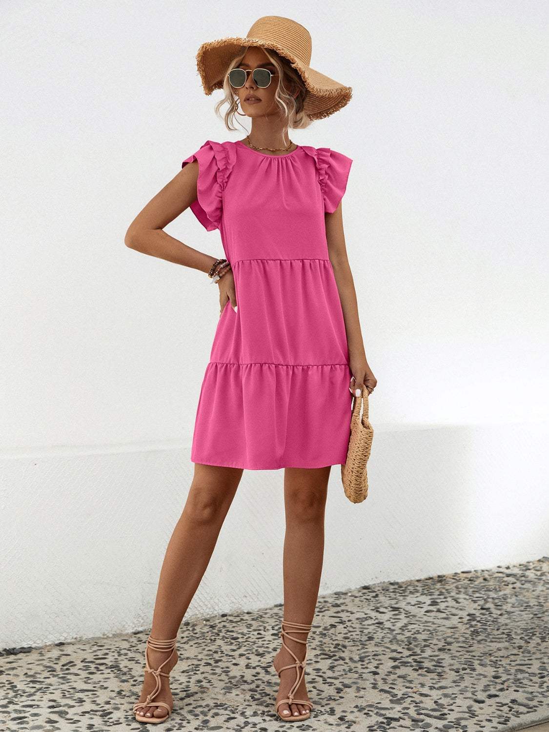 Ruffled Round Neck Cap Sleeve Mini Dress Casual Dresses - Tophatter Daily Deals