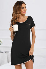 Contrast Trim Pocketed Round Neck Lounge Dress Black Sleep Dresses - Tophatter Daily Deals