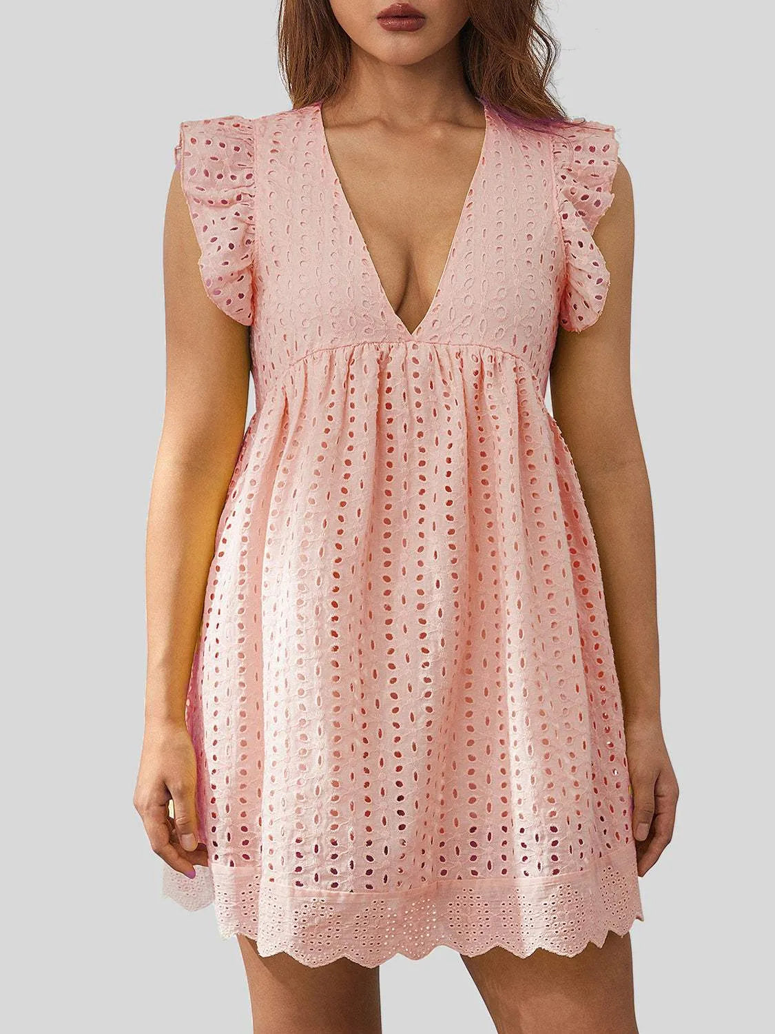 Ruffled Eyelet Cap Sleeve Mini Dress Peach Casual Dresses - Tophatter Daily Deals