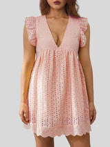 Ruffled Eyelet Cap Sleeve Mini Dress Peach Casual Dresses - Tophatter Daily Deals