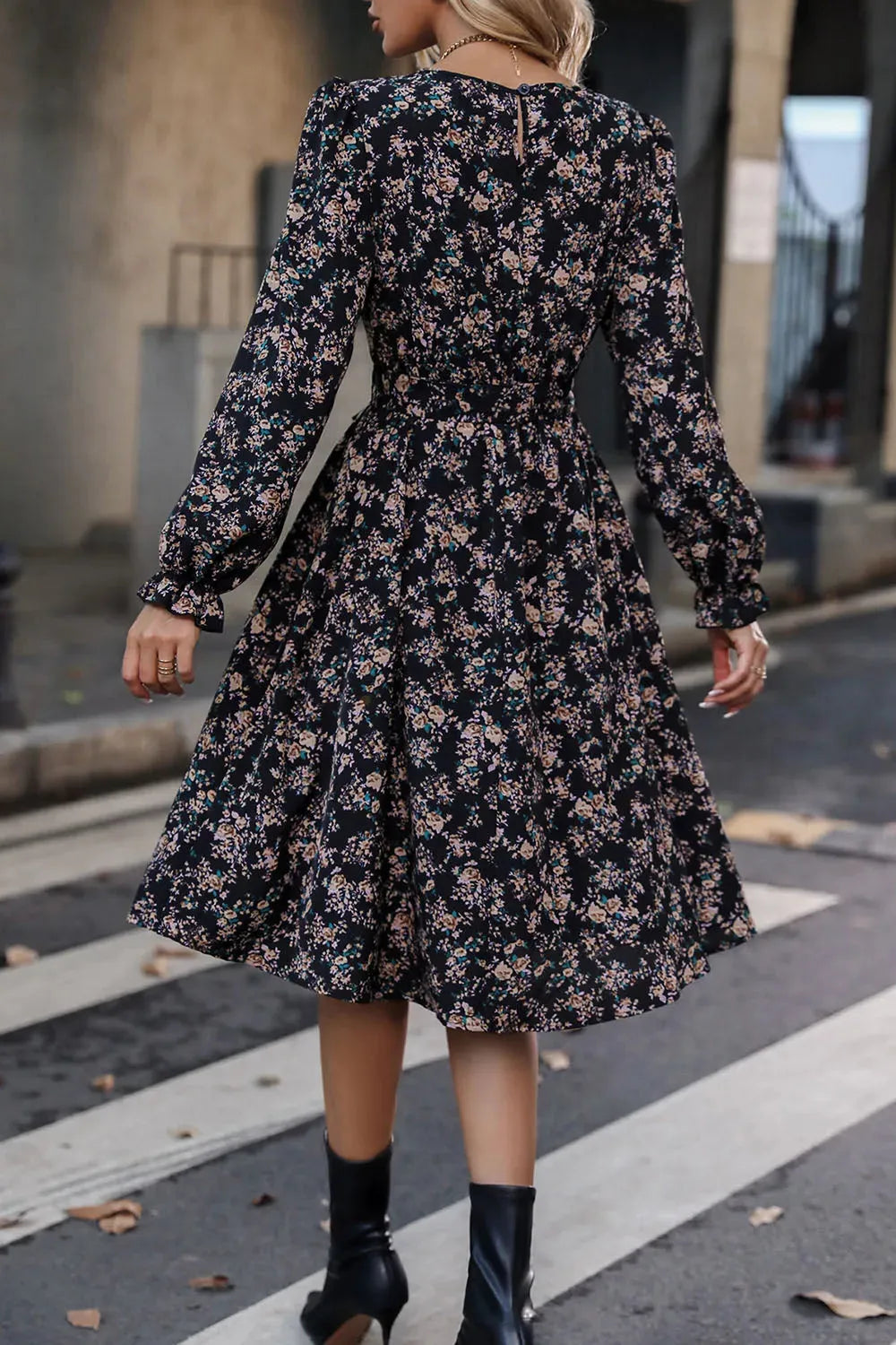 Printed Round Neck Flounce Sleeve Dress Casual Dresses - Tophatter Daily Deals