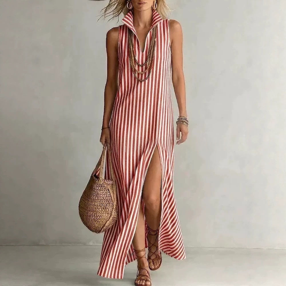 Striped Stand Collar Side-Slit Sleeveless Maxi Dress – A-Line Cami Women's Dresses - Tophatter Daily Deals