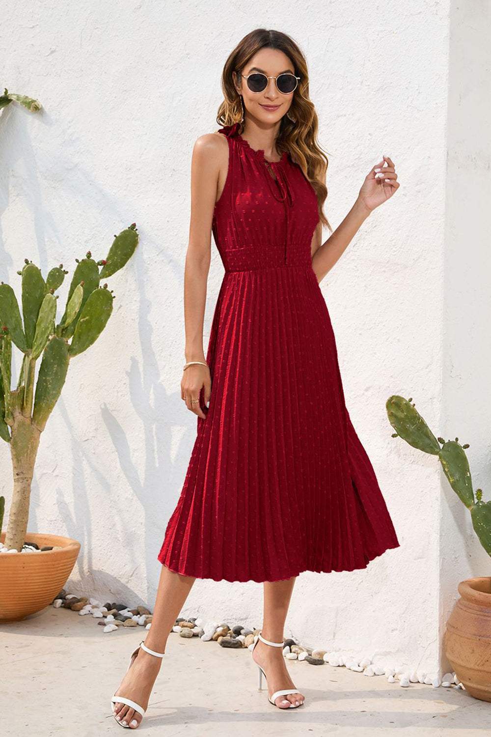 Swiss Dot Tie Neck Sleeveless Dress Wine Casual Dresses - Tophatter Daily Deals