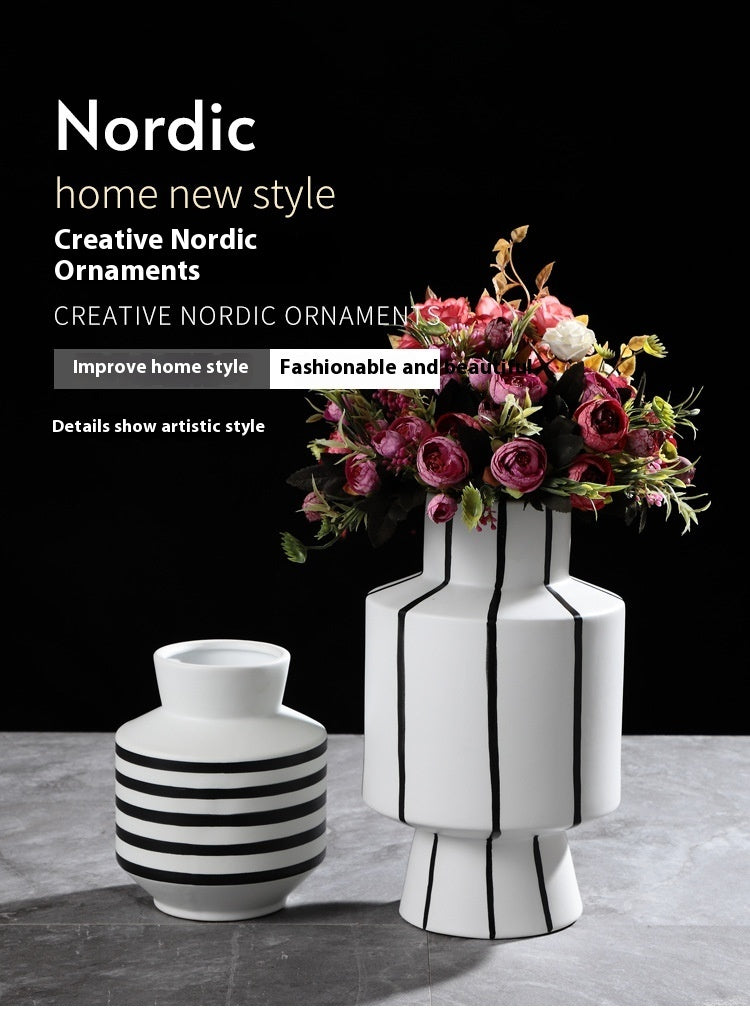 Black And White Striped Ceramic Vase Light Luxury Modern Home 0 - Tophatter Daily Deals