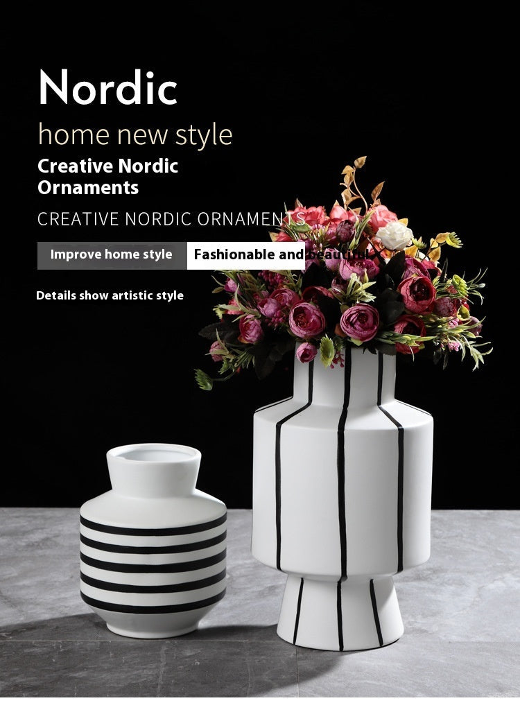 Black And White Striped Ceramic Vase Light Luxury Modern Home 0 - Tophatter Daily Deals