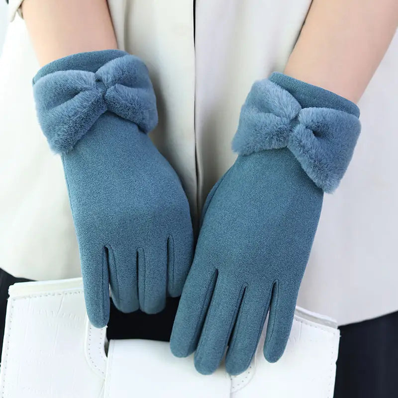 Warm Women Gloves - Bow Cuff, Fleece Lined, For Winter Blue One Size - Tophatter Daily Deals