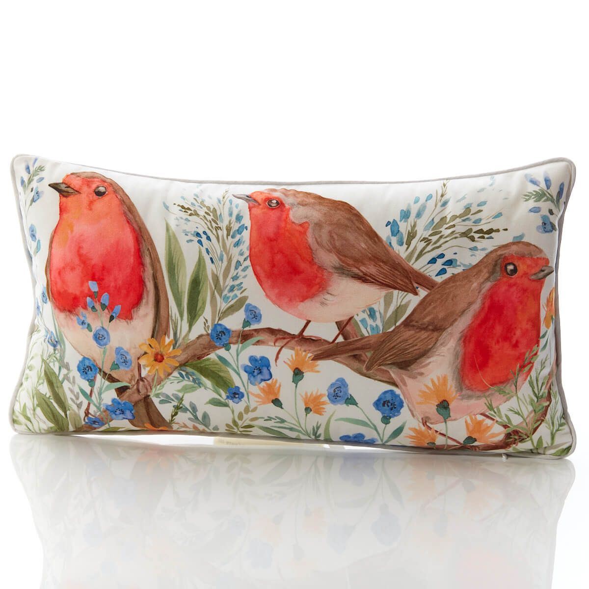 Robin Forget Me Not Cushion | Soft Velour Scatter Pillow with Watercolour Bird Cushion - Tophatter Daily Deals