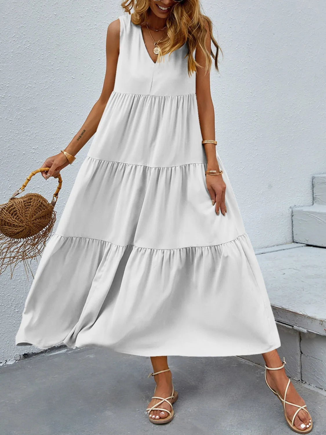 Tiered V-Neck Sleeve Dress White Casual Dresses - Tophatter Daily Deals