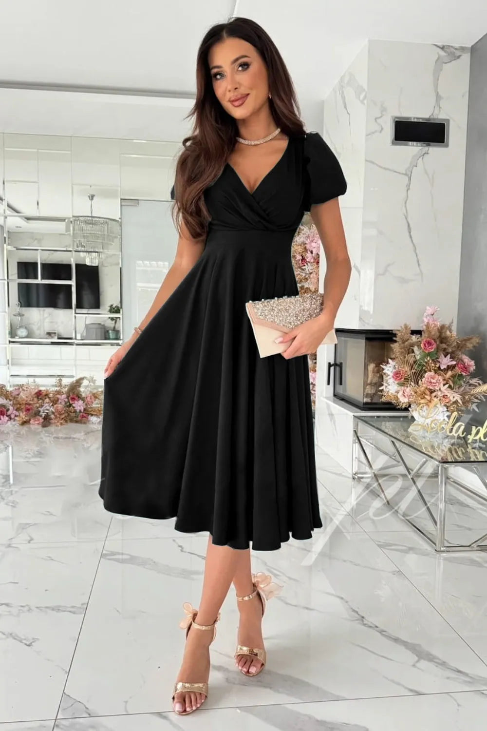 Surplice Puff Sleeve Midi Dress Black Casual Dresses - Tophatter Daily Deals