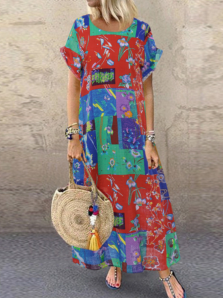 Bohemian Print Short Sleeve Summer Plus Size Dress Maxi Dresses - Tophatter Daily Deals