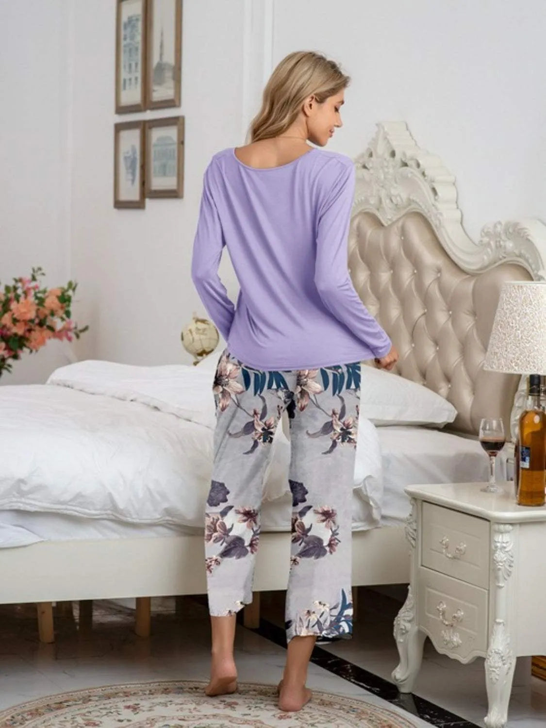 Round Neck Top and Printed Pants Lounge Set Loungewear Sets - Tophatter Daily Deals