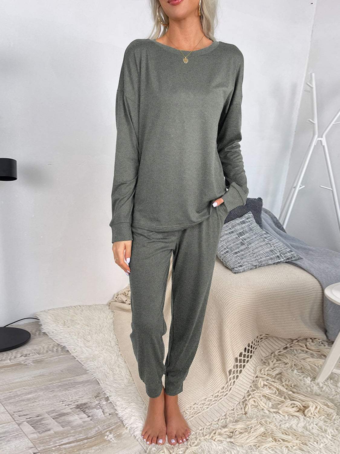 Round Neck Top and Drawstring Pants Lounge Set Gray Loungewear Sets - Tophatter Daily Deals