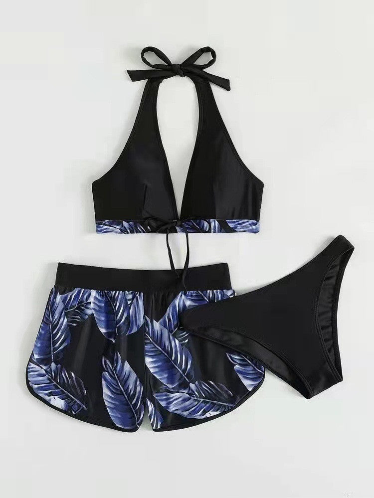 3pcs Leaf Print Bikini With Shorts Fashion Summer Beach Swimsuit Womens Clothing Purple 4 - Tophatter Daily Deals