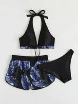 3pcs Leaf Print Bikini With Shorts Fashion Summer Beach Swimsuit Womens Clothing Purple 4 - Tophatter Daily Deals