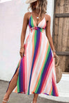 Multicolored Stripe Crisscross Backless Dress Purple Pink Green Casual Dresses - Tophatter Daily Deals