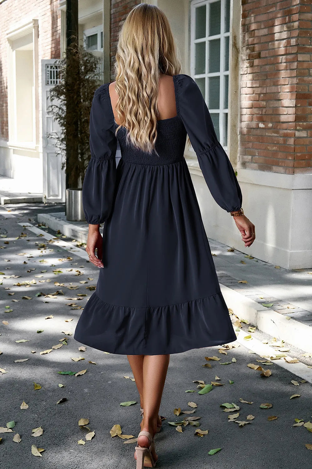 Square Neck Balloon Sleeve Midi Dress Casual Dresses - Tophatter Daily Deals