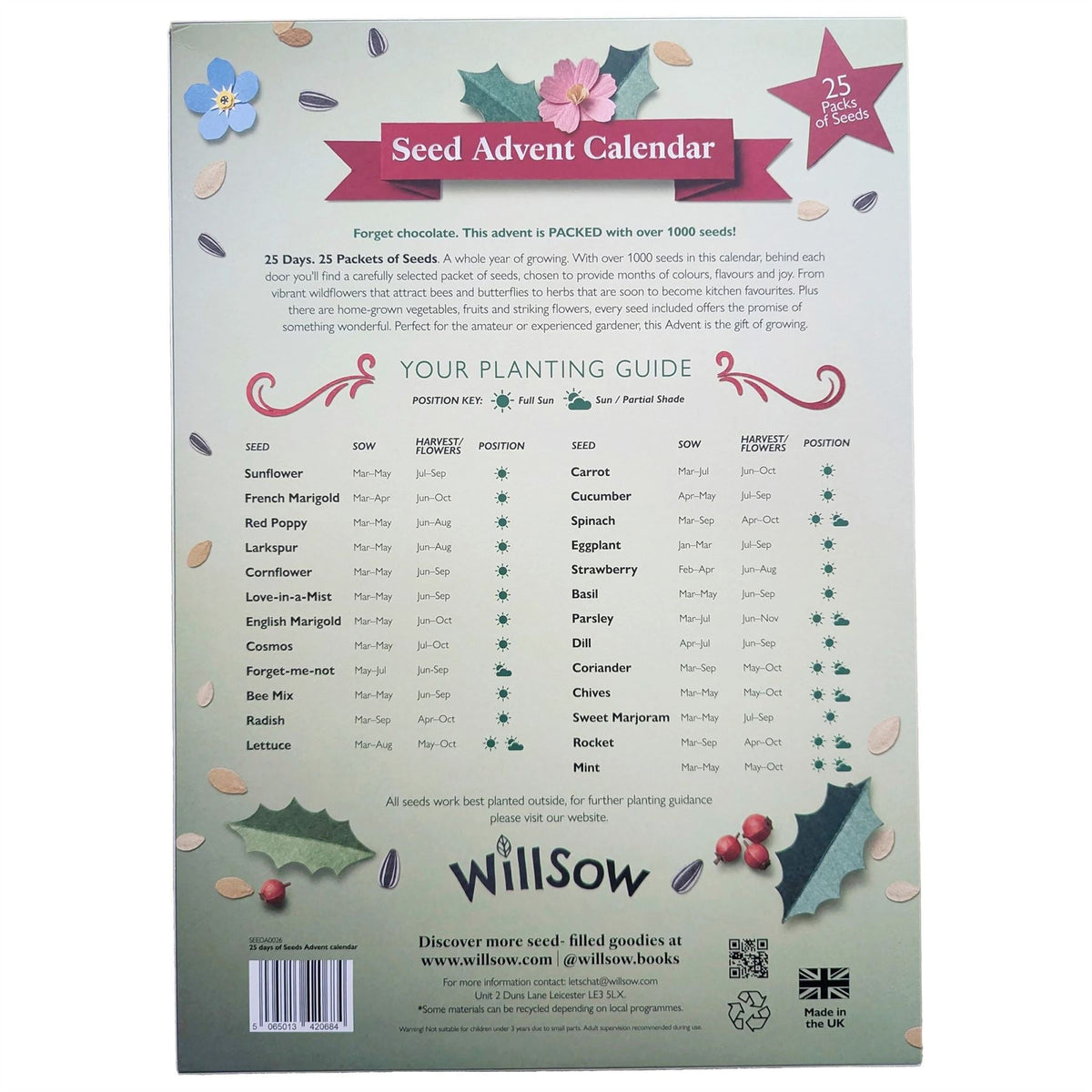 Seed Christmas Advent Calendar, 25 Flower Vegetable Fruit & Herb Seed Packets Advent Calendar - Tophatter Daily Deals
