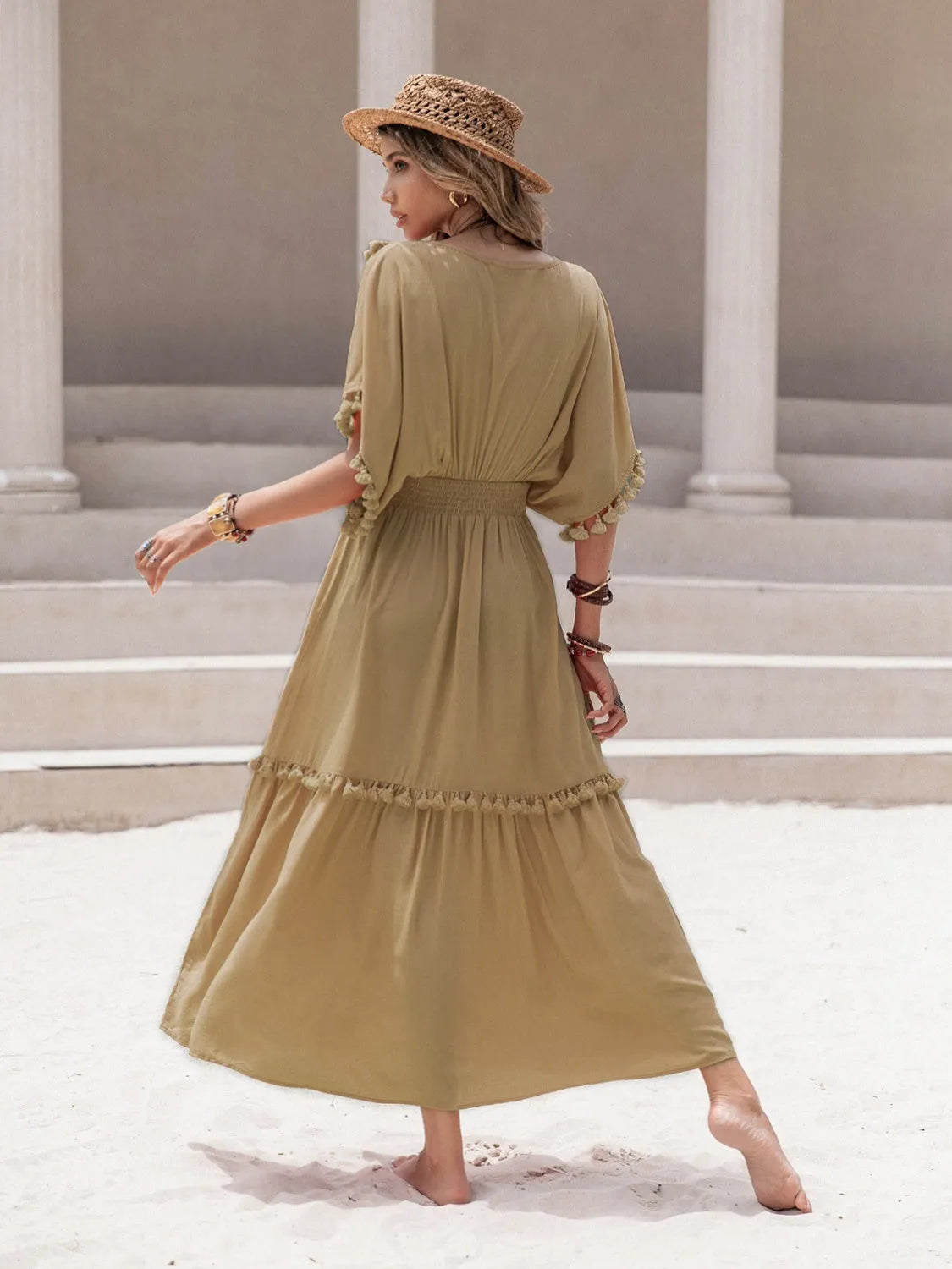 Tassel Trim Smocked V-Neck Short Sleeve Dress Casual Dresses - Tophatter Daily Deals