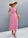 Buttoned Halter Neck Frill Trim Midi Dress Fuchsia Pink Casual Dresses - Tophatter Daily Deals