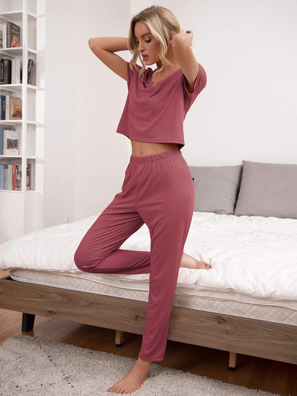 Round Neck Short Sleeve Top and Pants Lounge Set Loungewear Sets - Tophatter Daily Deals