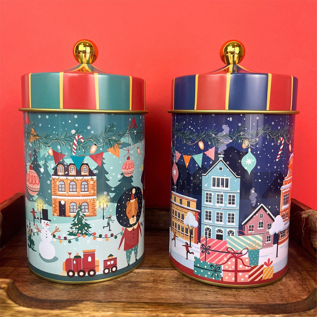Round Christmas Storage Tin | Festive Carousel Cookie Biscuit Tin - 18cm Tin - Tophatter Daily Deals