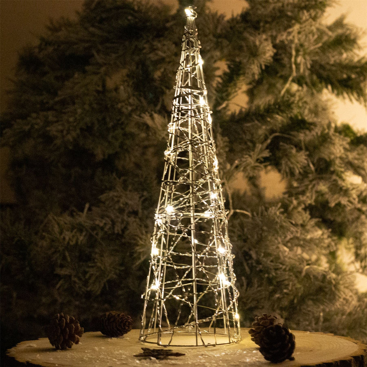 Silver Cone LED Christmas Tree | Warm White Pre-lit Light-Up Tree Cone - 40cm LED Light - Tophatter Daily Deals